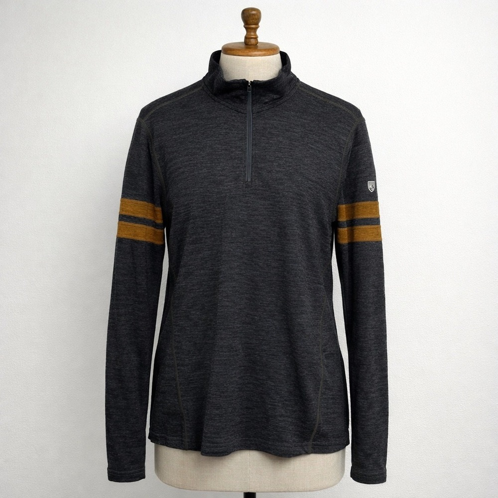 HOLE Kuhl Mens M Team Merino‎ Wool Quarter Zip Pullover Gray Brown Ochre Stripe